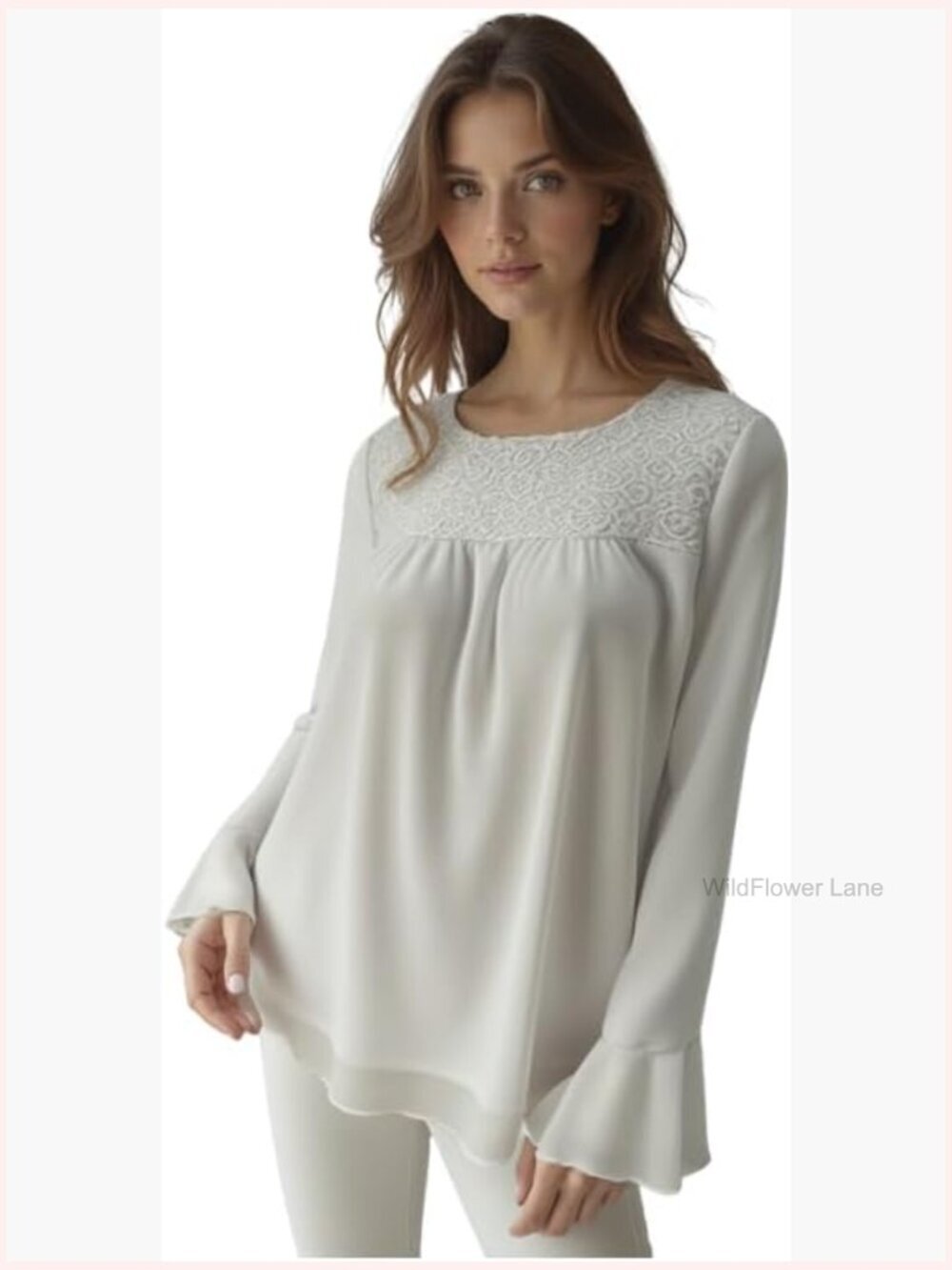 Lace Yoke Long Sleeve Blouse with Ruffle Cuffs Fully Lined
